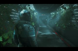 A man in a space suit standing in a Mars base greenhouse in Fort Solis.