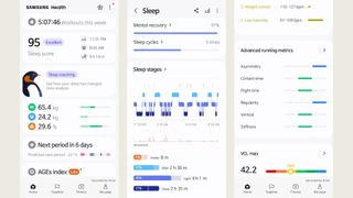 Screenshots of the Samsung Health app displaying workout and health overview for the week, sleep insights for one night, and advanced running metrics