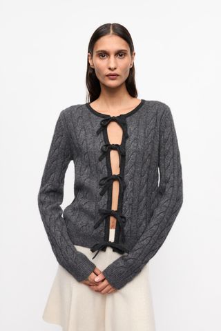 Grey and Black Cashmere Mix Tie String Cardigan