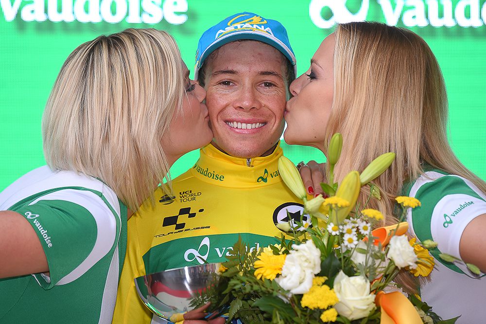 Miguel Angel Lopez (Astana) in yellow after stage 8 at the Tour de Suisse