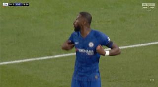 A screengrab taken from Sky Sports Premier League of Chelsea defender Antonio Rudiger gesturing during the Premier League match at Tottenham Hotspur Stadium