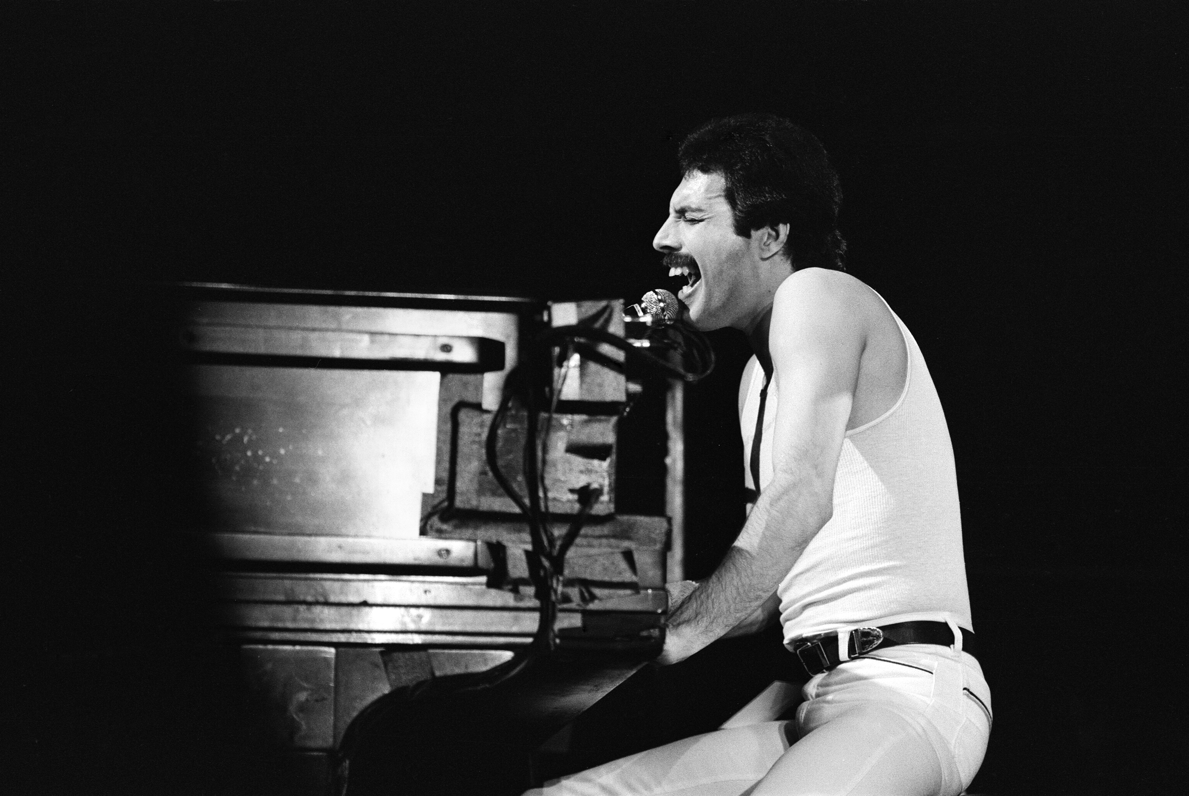 A black and white photo of Freddie Mercury performing on stage