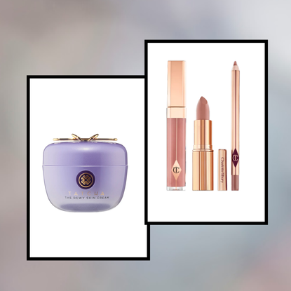 product collage of Tatcha the Dewy Skin Cream, Charlotte’s 3 Steps to Beautiful Lips Kit on white squares with black border 