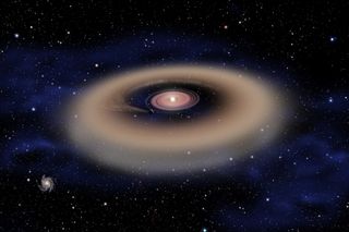 This artist's illustration shows a planet forming from the disk of gas and dust around a young star.