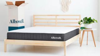 Allswell Mattress, on a wooden bedframe in a bedroom