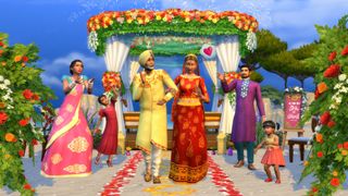 En simsfamilj under ett bröllop i The Sims 4: Wedding Stories DLC.
