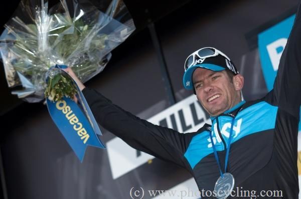 Stage winner Greg Henderon (Sky) on the podium.