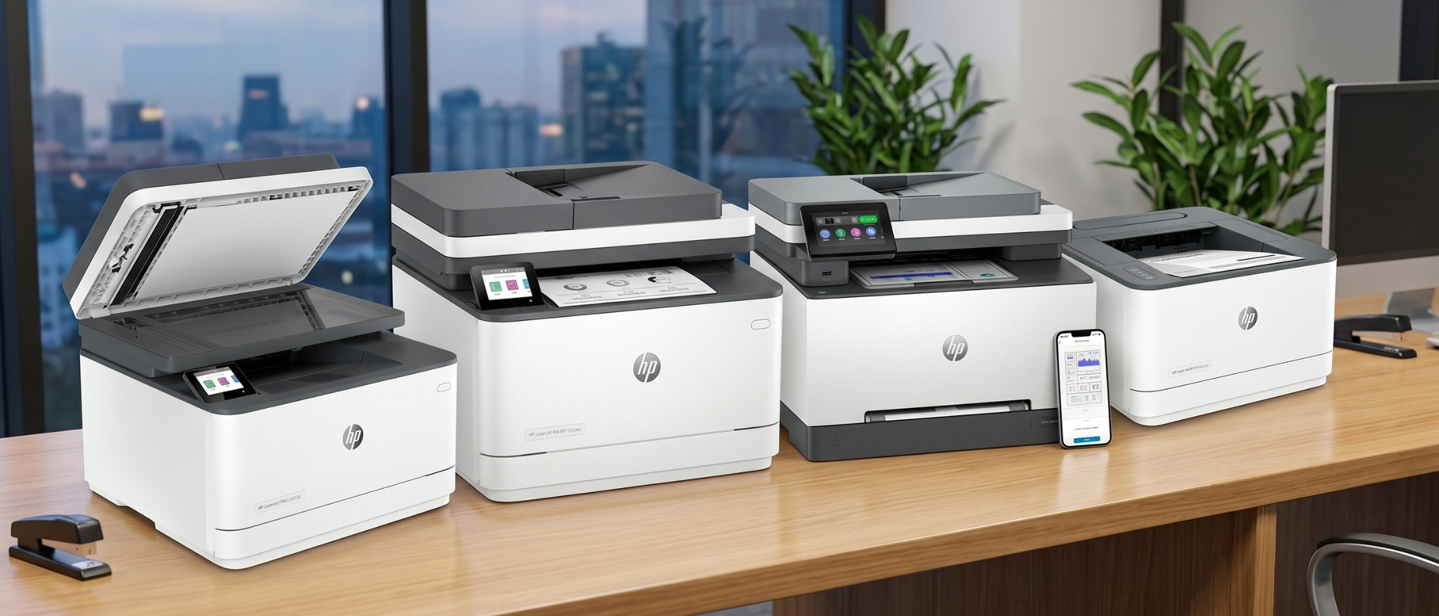 A selection of HP 3000-series laser printers on a desk in an office
