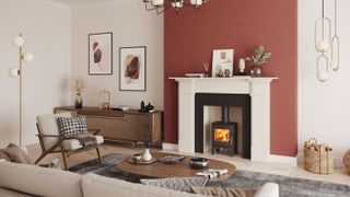 wood burning stove in white fire surround