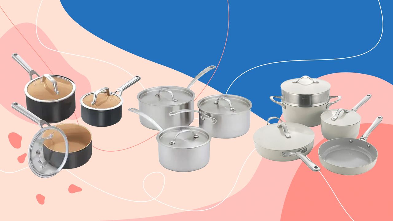 3 of the best saucepan sets on a blue and pink background