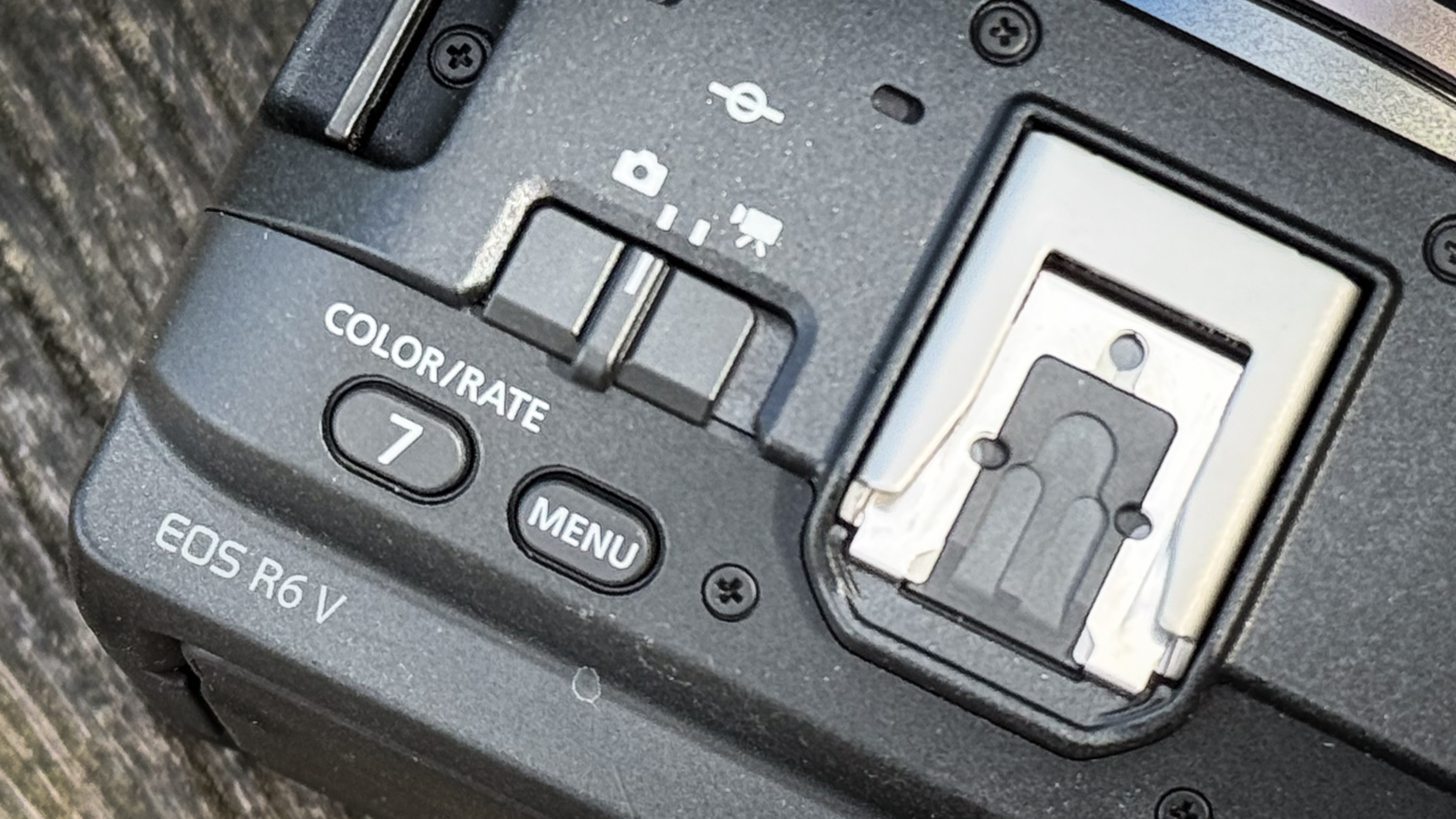 Canon EOS R6 V on a wooden surface