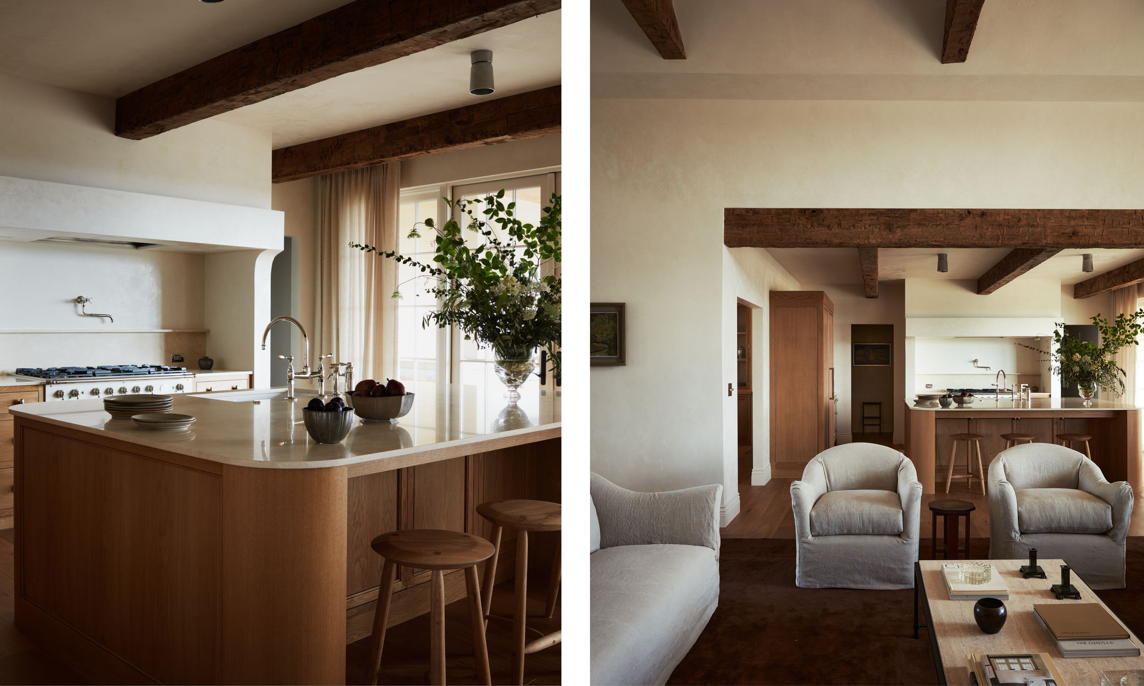two shots next to each other of the same minimalist kitchen and it rounded wood island and white counter top