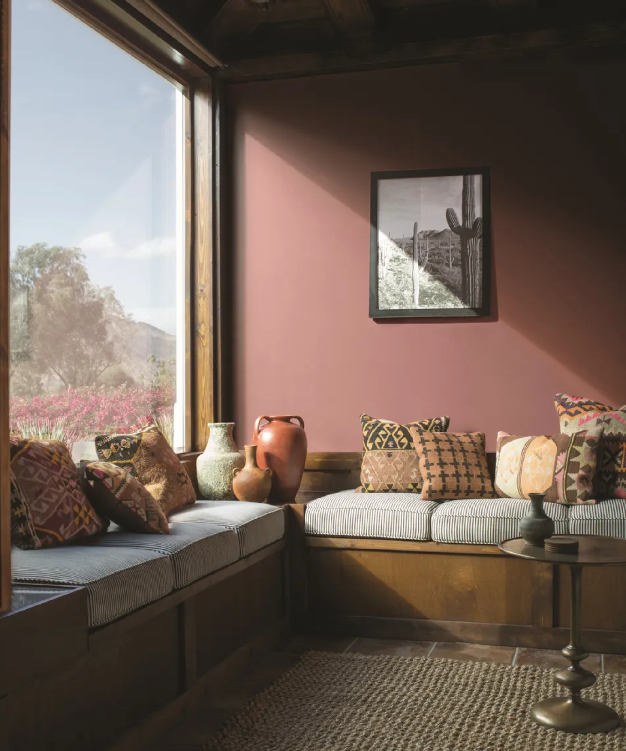 Bench seating with window behind it