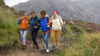 Group of friends hiking and laughing together