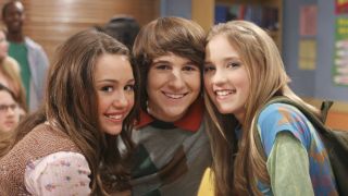 Mitchel Musso with Miley Cyrus on the set of Hannah Montana