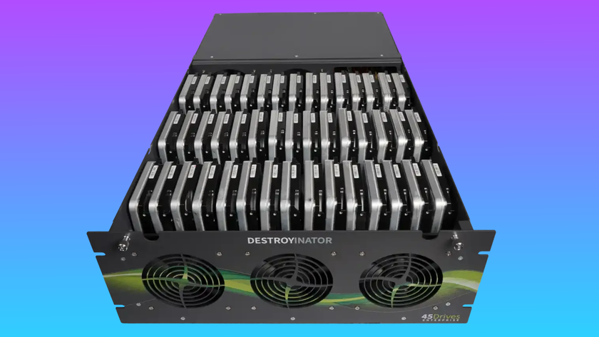 The industrial data sanitation device from 45Drives, called the Destroyinator, is seen loaded up with at least 35 individual data drives.
