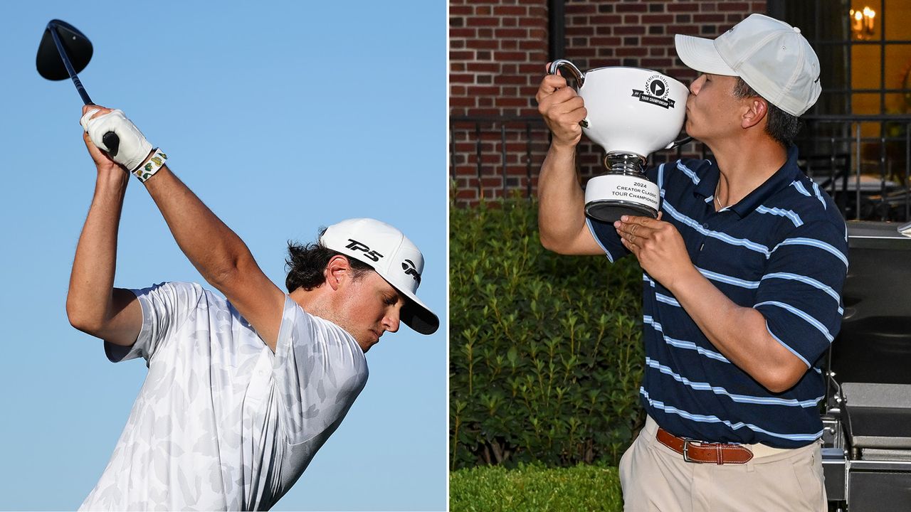 Grant Horvat at the top of his backswing, Luke Kwon kisses a trophy