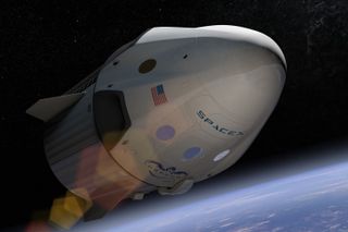 An artist's illustration of a crewed Dragon spacecraft in space.