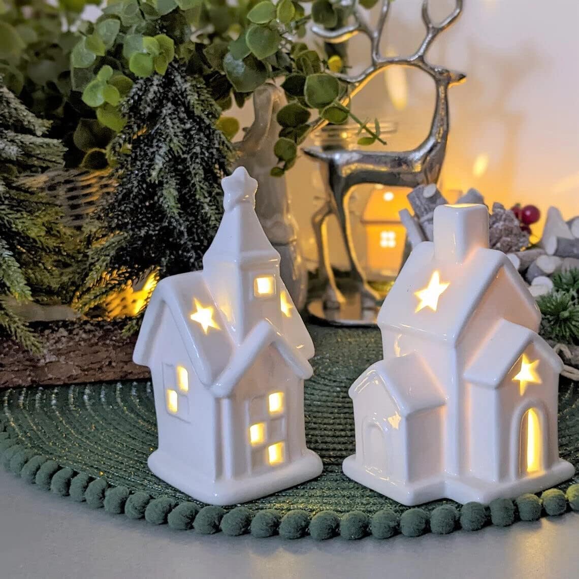 Set of Led White Ceramic Church and House With Batteries Christmas Led Village Scene Decoration