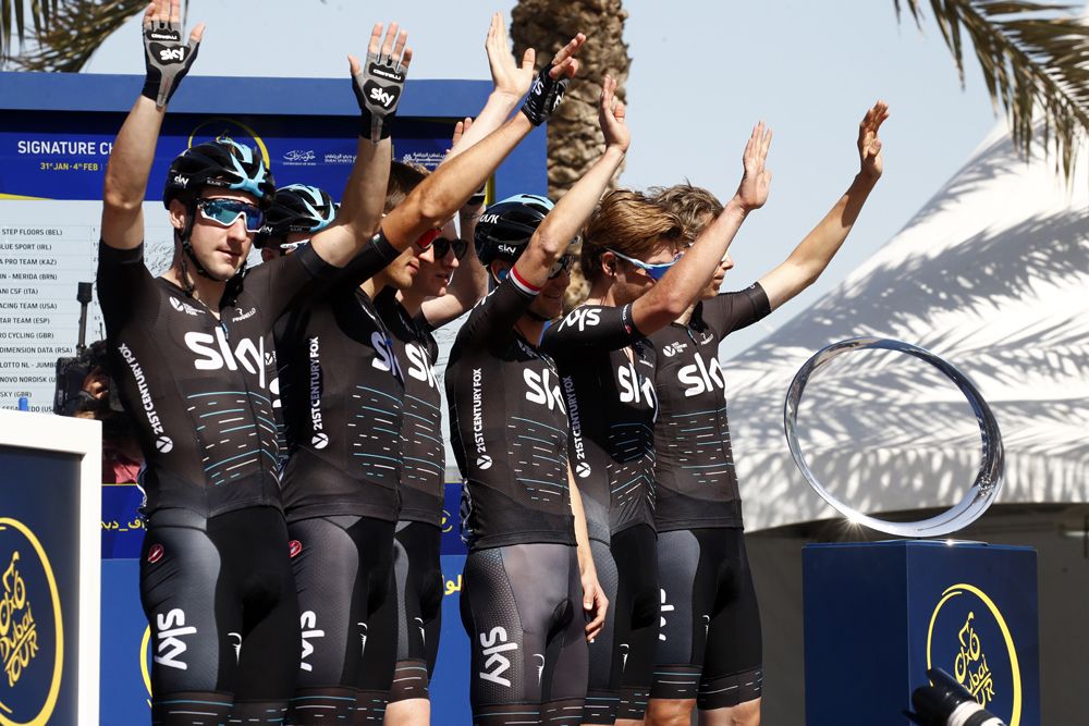 Team Sky waves to the fans at the Dubai Tour