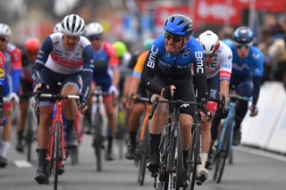 NTT Pro Cycling’s Giacomo Nizzolo bangs his handlebars in frustration after only being able to manage second place at the 2020 Kuurne-Brussel-Kuurne