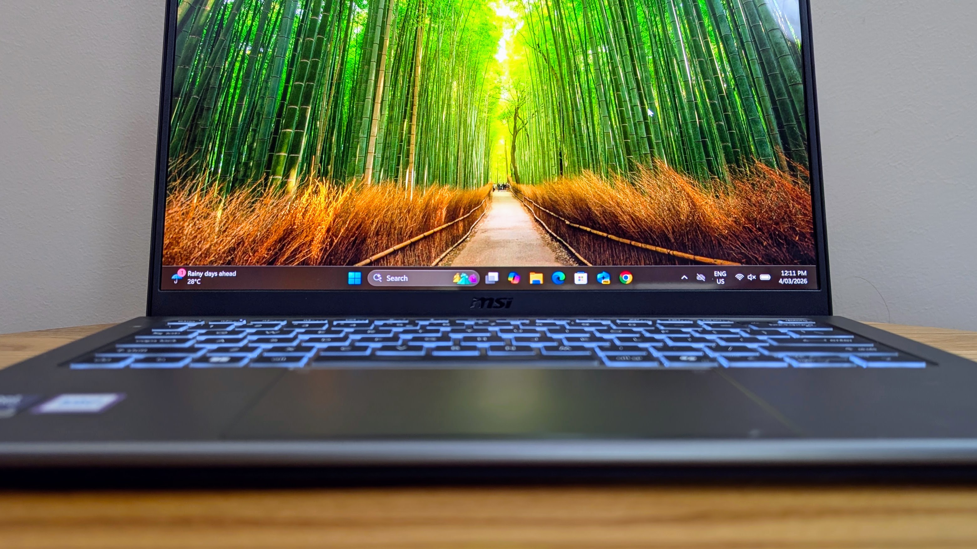 MSI Prestige 14 AI+ close up of screen and keyboard