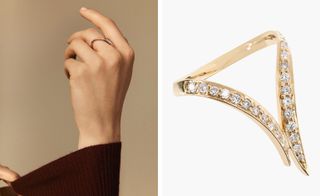 'Bow' ring, a 14 carat yellow gold band is delicately offset with pave diamonds