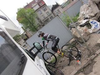 Mary McConneloug warms up for an urban time trial in Poland.