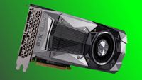 An image of an Nvidia GeForce GTX 1080 Ti Founders Edition graphics card, against a green gradient background