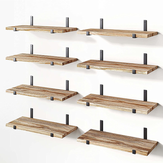 A set of eight wooden shelves with black brackets