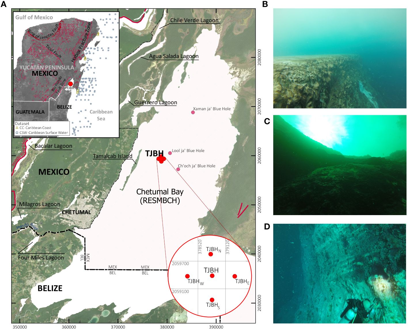 A map showing the location of the Taam Ja' blue hole and underwater pictures of the blue hole.