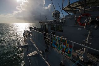 View looking southeast from the top of the USS Philippine Sea (CG 58) as it heads for the burial at sea service for Apollo 11 astronaut Neil Armstrong, Friday, Sept. 14, 2012, in the Atlantic Ocean.