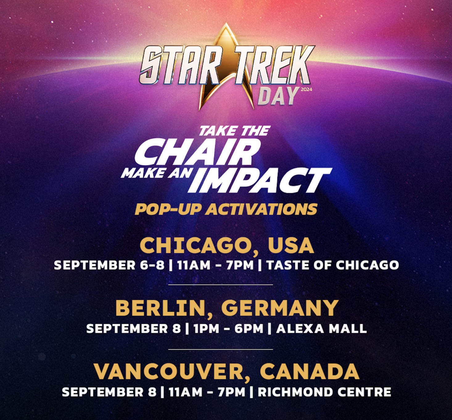 a list of dates and locations for Star Trek Day 2024 events