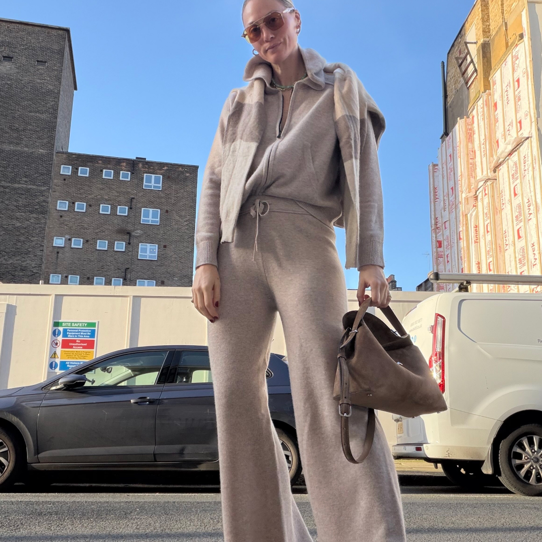 two side by side photos of Brooke Ely Danielson wearing loungewear