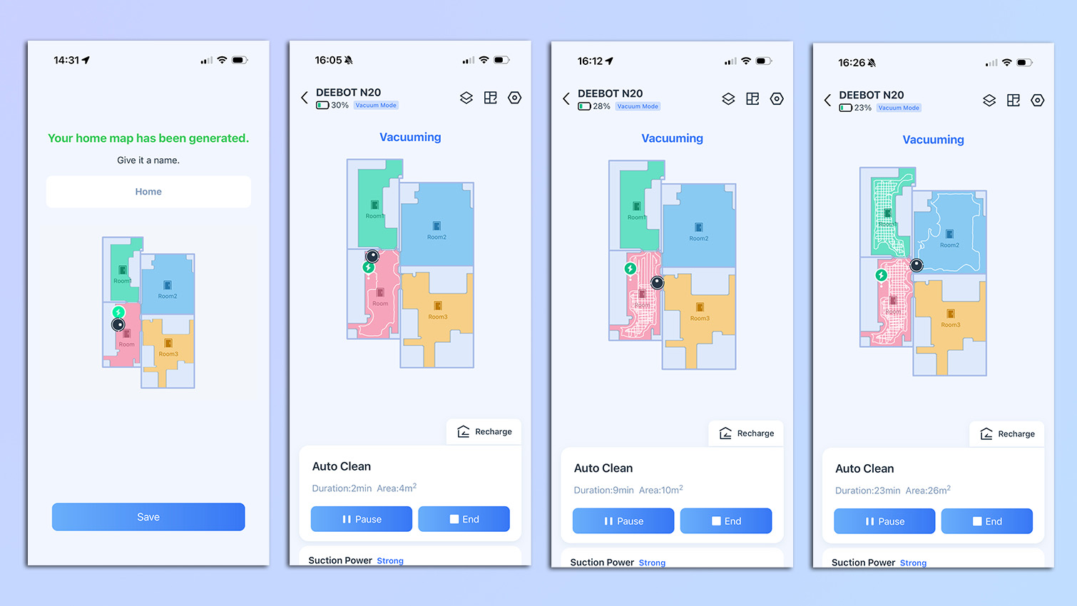 Screenshots from the Ecovacs app showing the progress of the Ecovacs Deebot N20 mapping