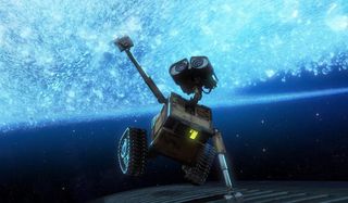 Wall-E stirs the stars while holding onto the spaceship