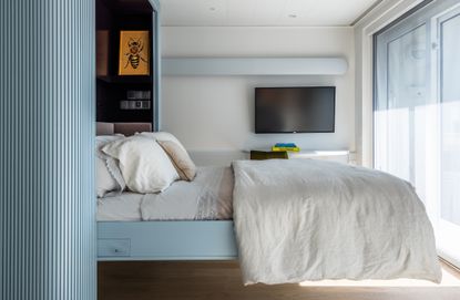 Blue bedroom with murphy bed