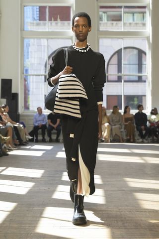 Model on the runway at Proenza Schouler RTW wearing Sorel shoes Spring 2025 as part of New York Ready to Wear Fashion Week on September 4, 2024 in New York, New York