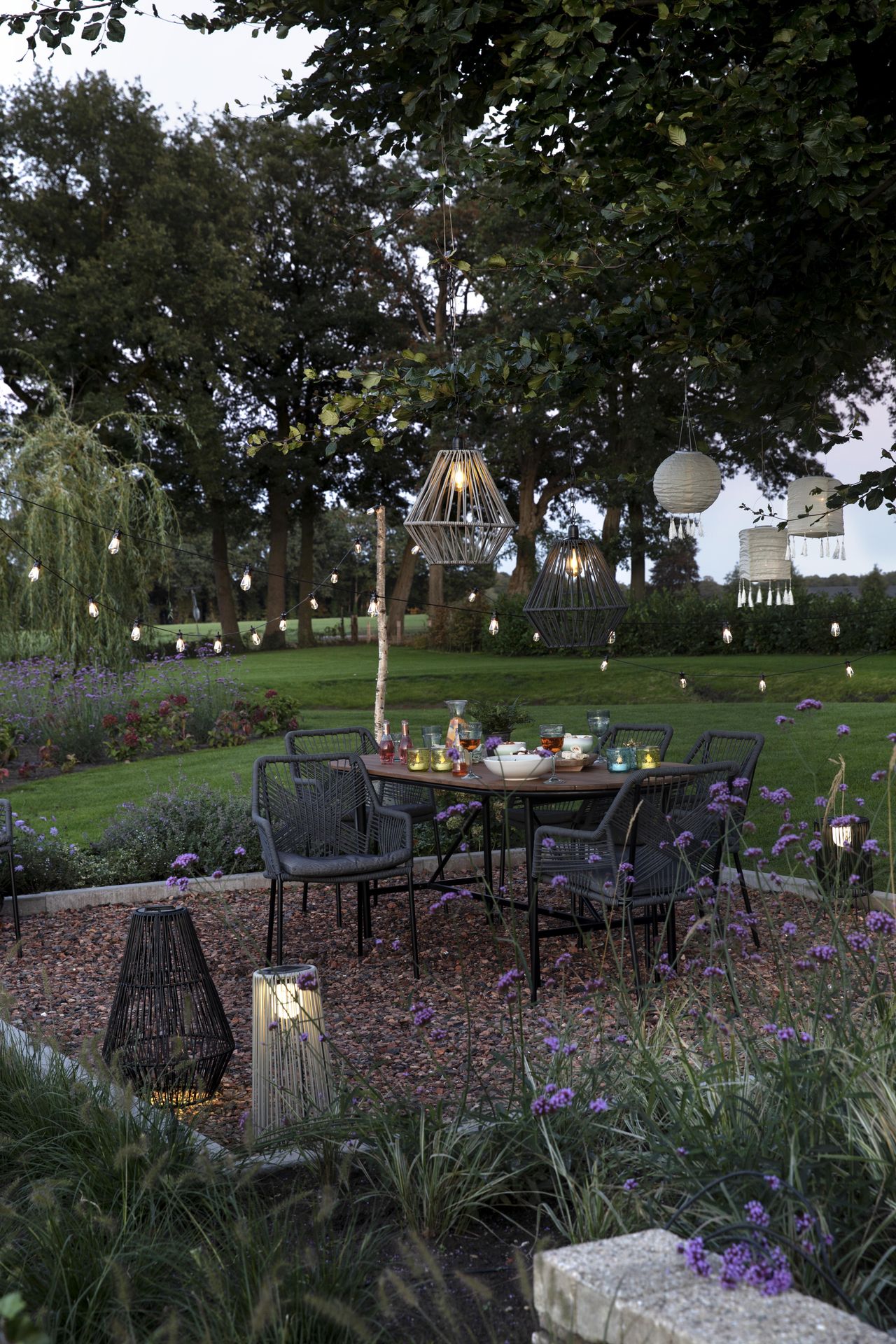 Festoon lighting illuminates a backyard