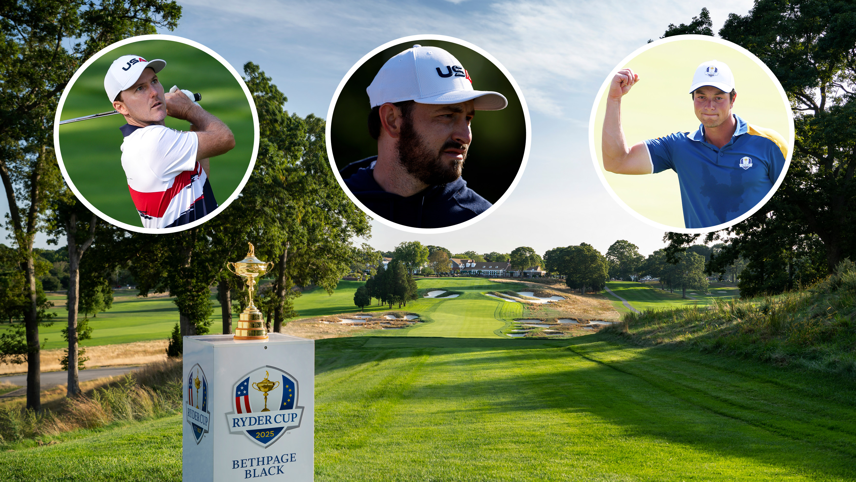 The Ryder Cup trophy on the 18th tee at Bethpage Black and insets of Russell Henley, Patrick Cantlay and Viktor Hovland
