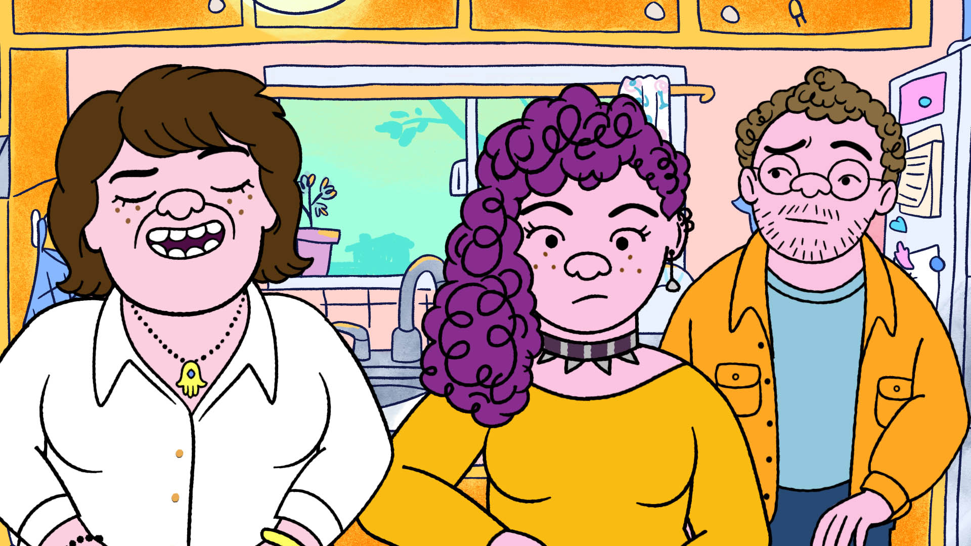 A still showing three characters from Long Story Short.