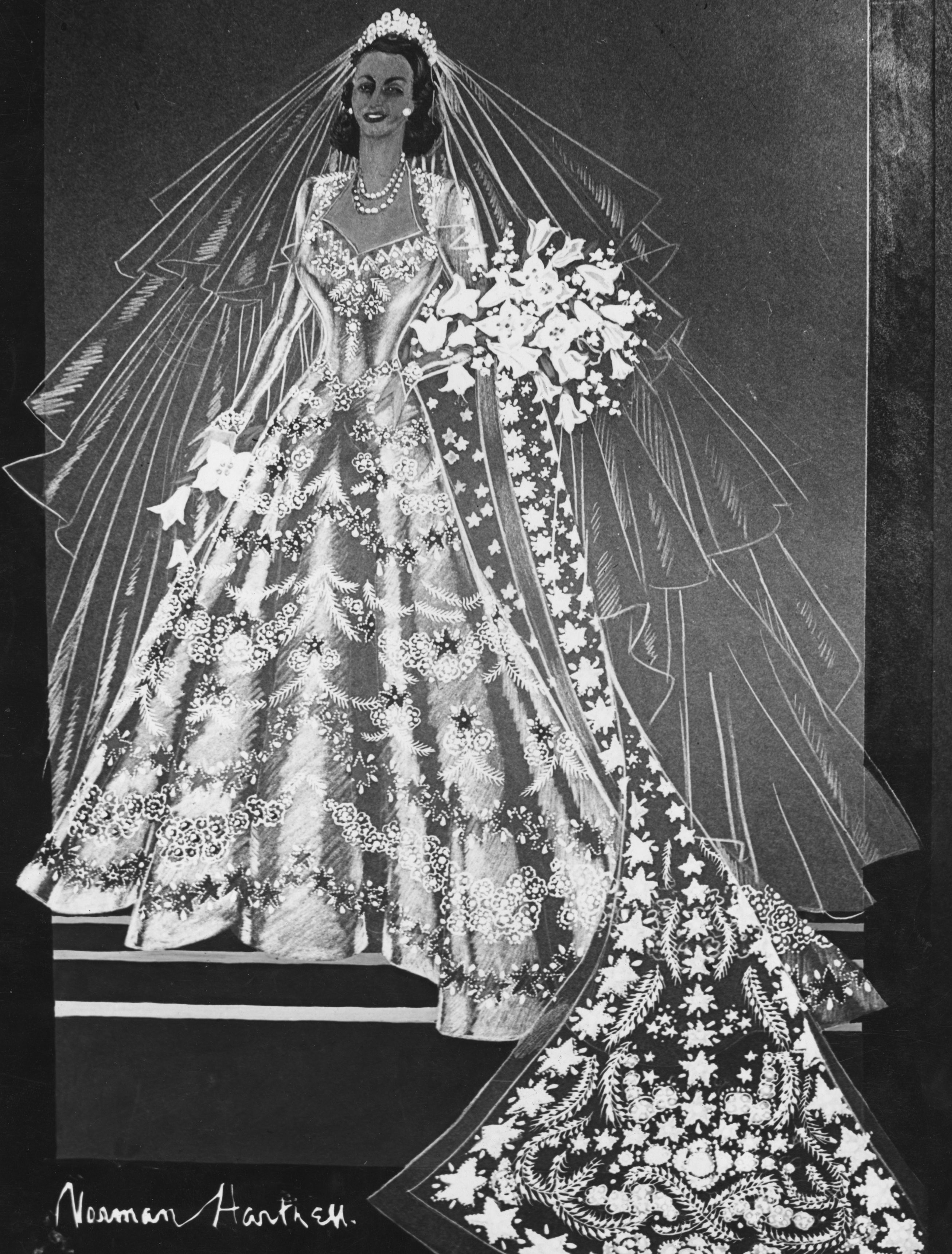 A sketch of Princess Elizabeth;s wedding dress by Norman Hartnell. (Photo by Central Press/Getty Images)