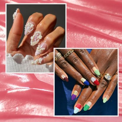 a pink cream background with two hands with colorful manicures and pearl details