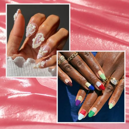 a pink cream background with two hands with colorful manicures and pearl details