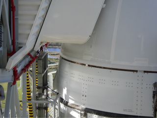 A NASA image showing a damaged section of RTV insulating caulk on the outside of the Artemis 1 mission's Orion spacecraft.
