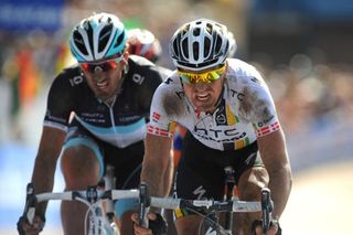 Cancellara and Lars Bak on the last lap of the velodrome