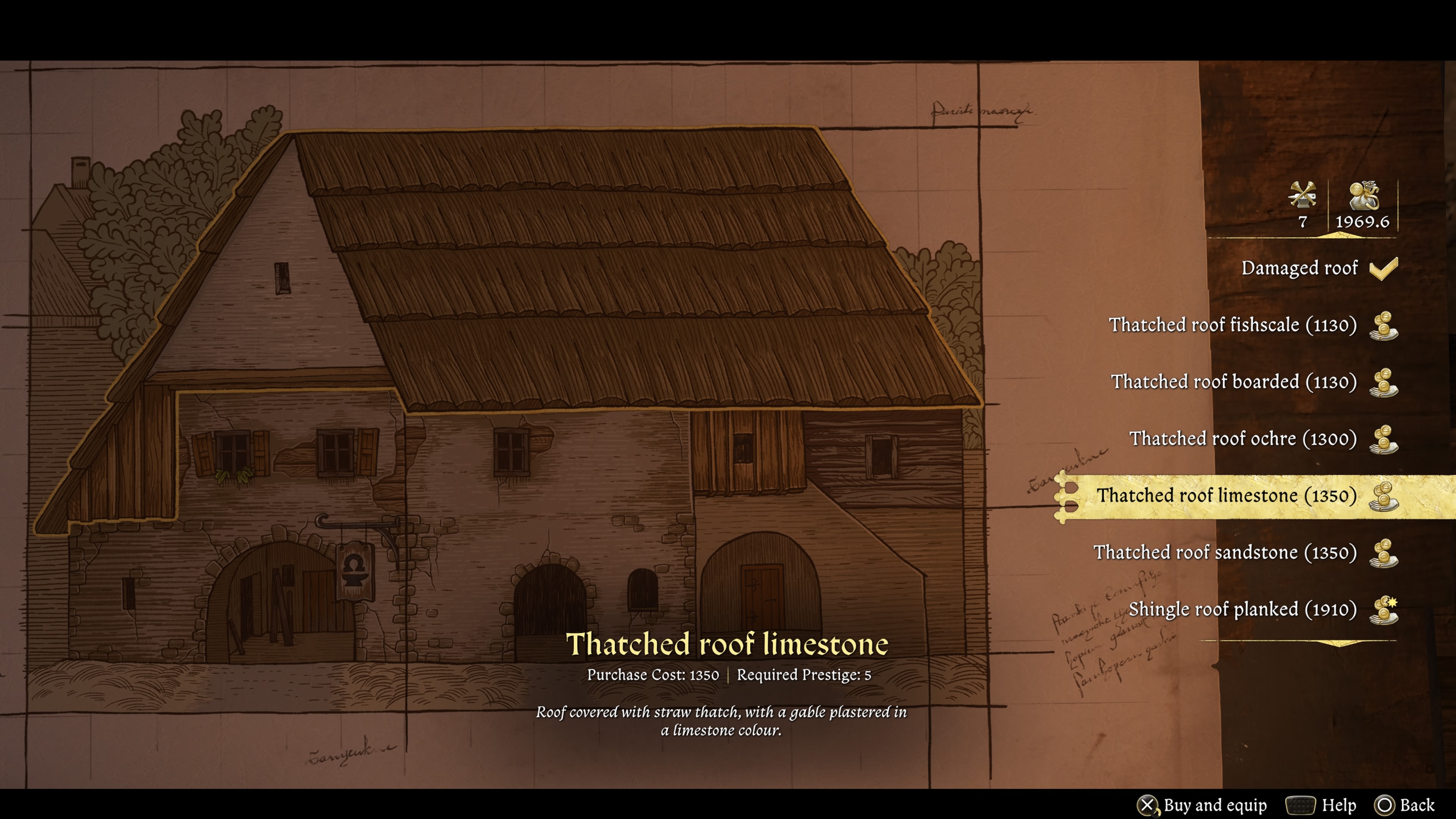 Kingdom Come Deliverance 2 Legacy of the Forge DLC screenshot showing the plans to repair the forge&#039;s roof, with the thatched roof with limestone option costing 1350 groschen