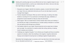 Screenshot showing the five tips shared by ChatGPT. In order, these are: Recognize your triggers, practice relaxation techniques, seek support, find healthy outlets, and challenge your negative thoughts.