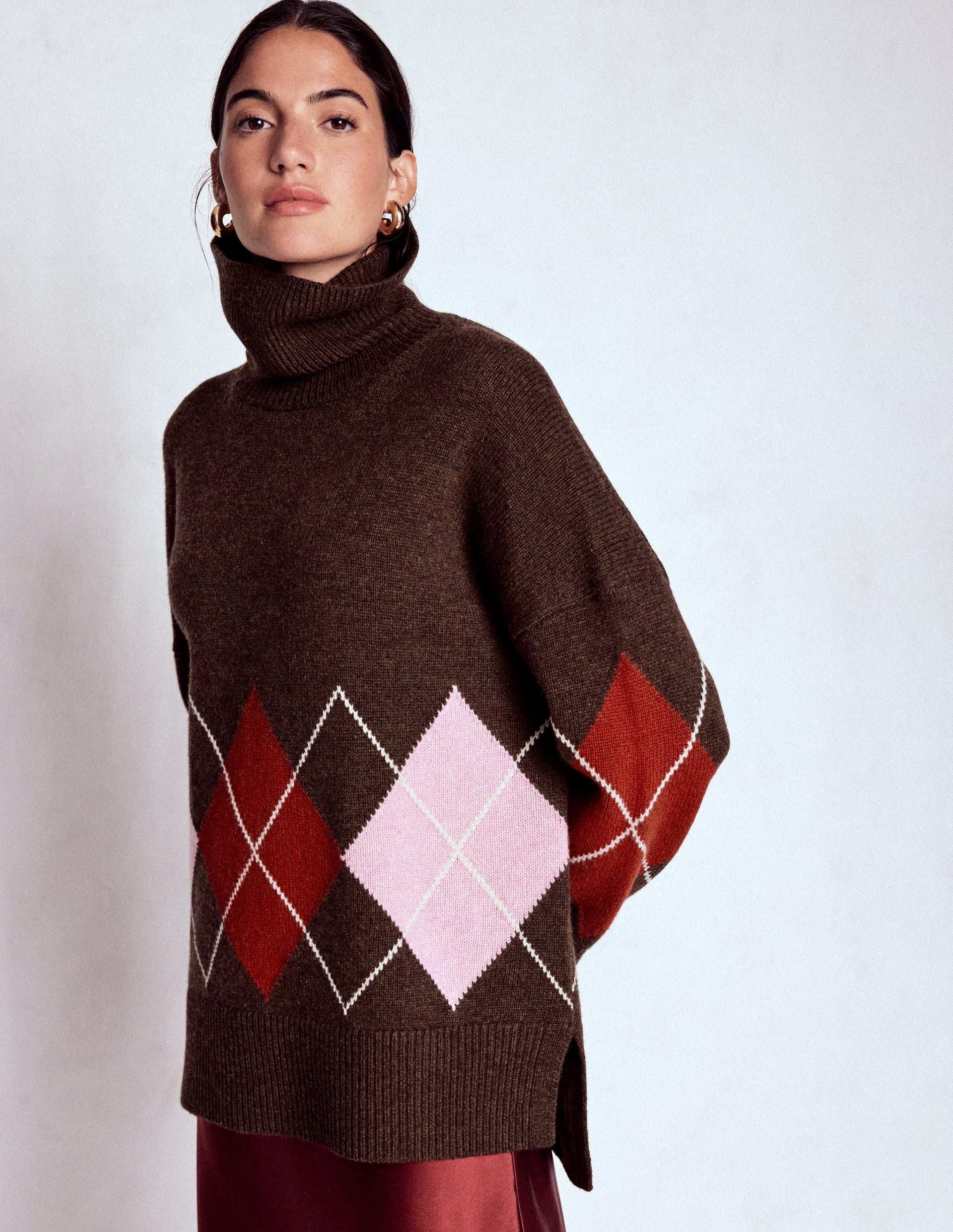 Polly Merino Roll Neck Sweater-Brown, Pink Argyle