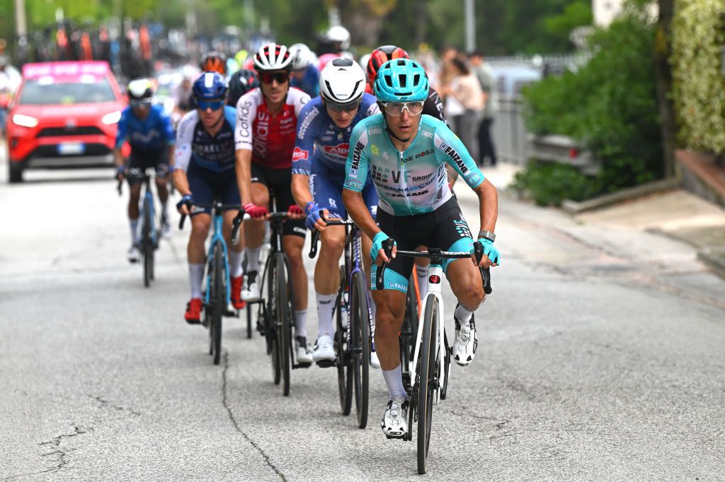 FANO ITALY MAY 16 Domenico Pozzovivo of Italy and Team VF Group Bardiani CSF Faizane competes during the 107th Giro dItalia 2024 Stage 12 a 193km stage from Martinsicuro to Fano UCIWT on May 16 2024 in Fano Italy Photo by Tim de WaeleGetty Images
